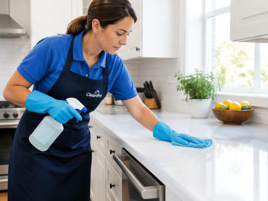 Cleaner wiping down a kitchen countertop