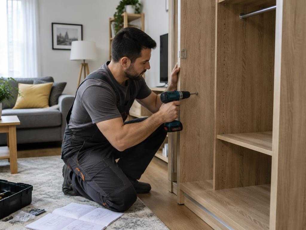 Technician assembling a wooden wardrobe with a drill