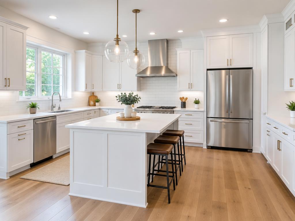 Bright renovated kitchen with white cabinets