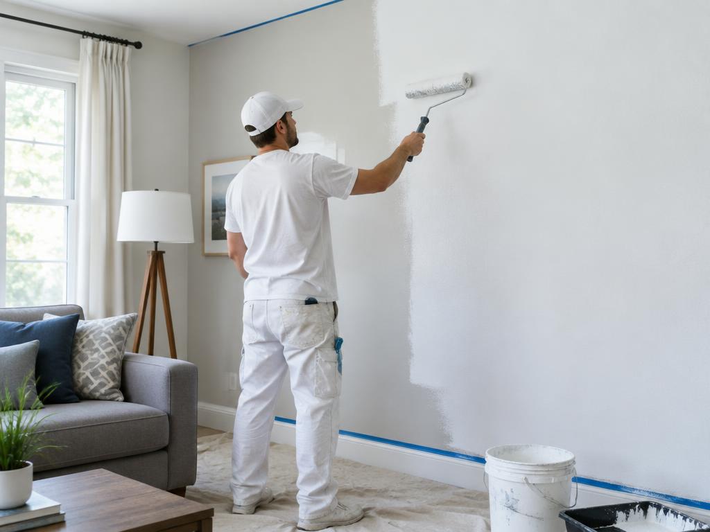 Painter rolling fresh paint onto a living room wall