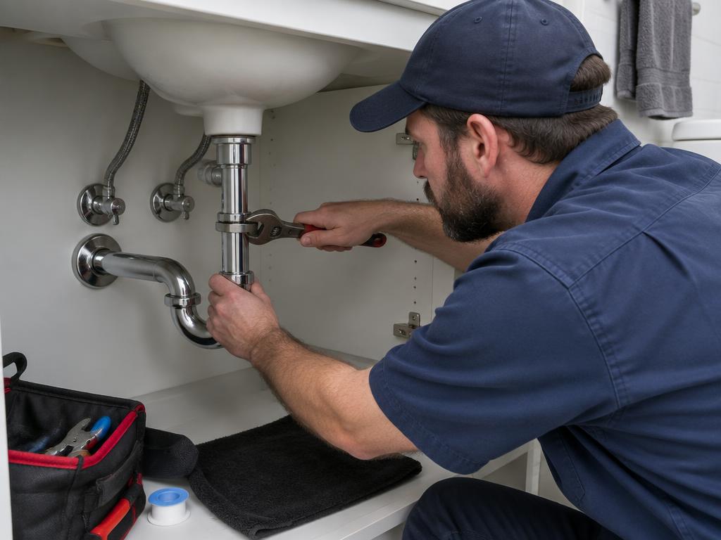 Plumber tightening pipes under a bathroom sink